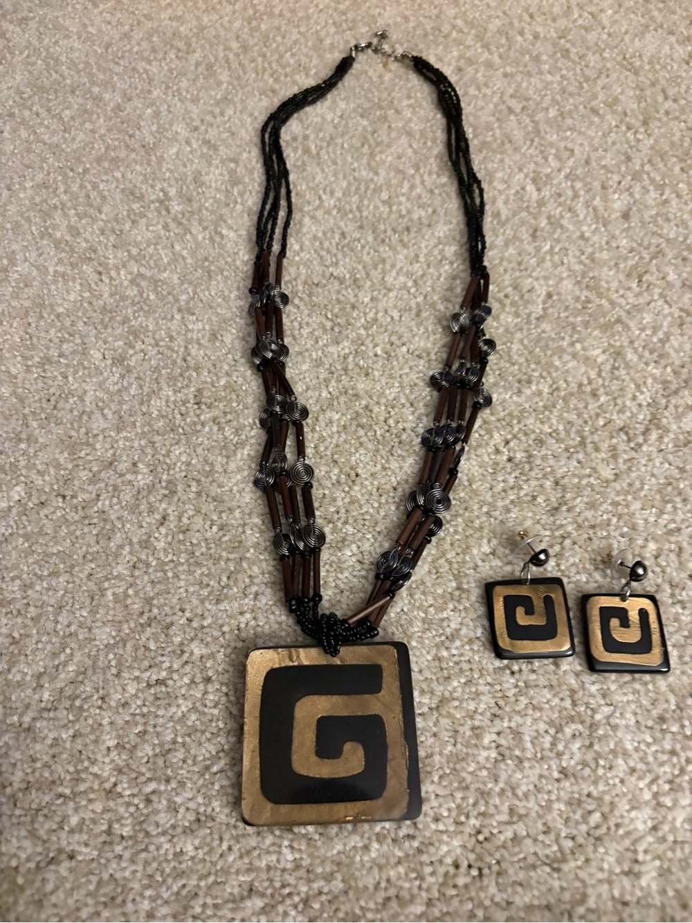 Gold and Black Geometric Pendant Necklace and Earring Set